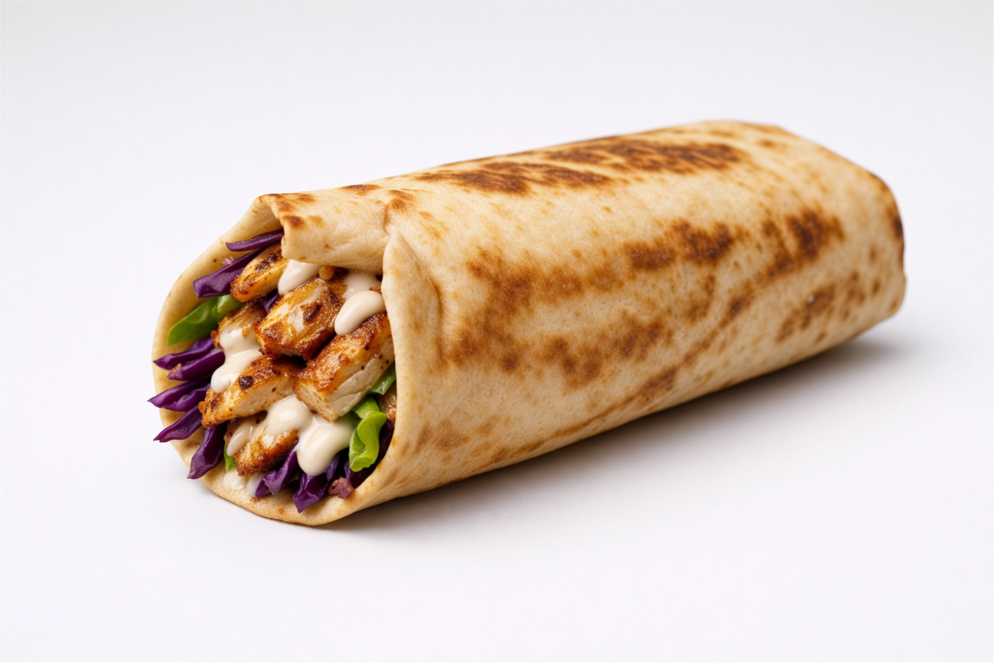Rolled sharwarma wrap with chicken and vegetables on a white background