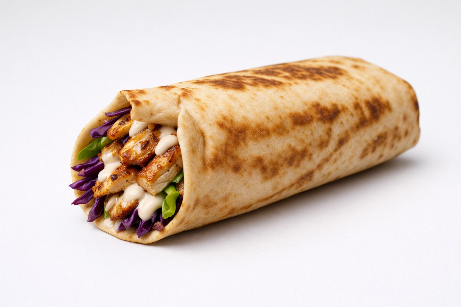 Rolled sharwarma wrap with chicken and vegetables on a white background
