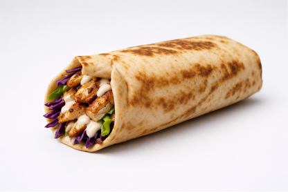 Rolled sharwarma wrap with chicken and vegetables on a white background