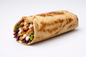 Rolled sharwarma wrap with chicken and vegetables on a white background