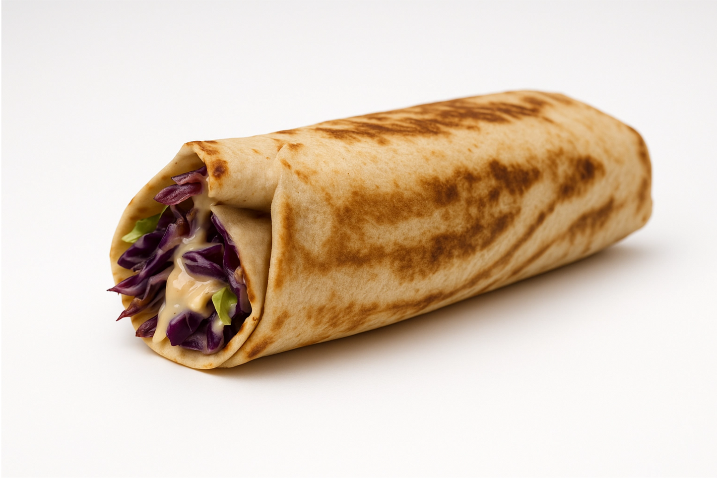 Rolled shawarma wrap with visible ingredients on a white background
