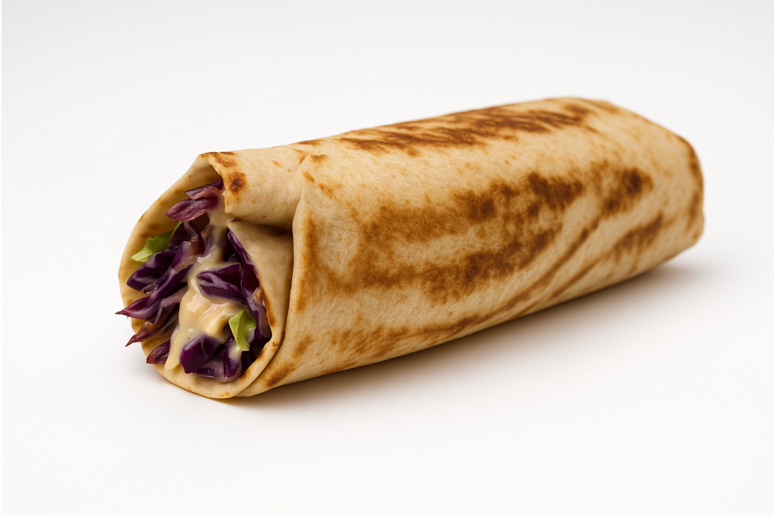 Rolled shawarma wrap with visible ingredients on a white background